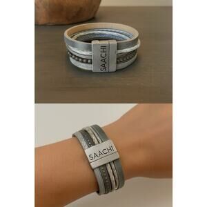 Saachi Silver Multi-Layer Leather Beaded Magnetic Bracelet Boho Chic